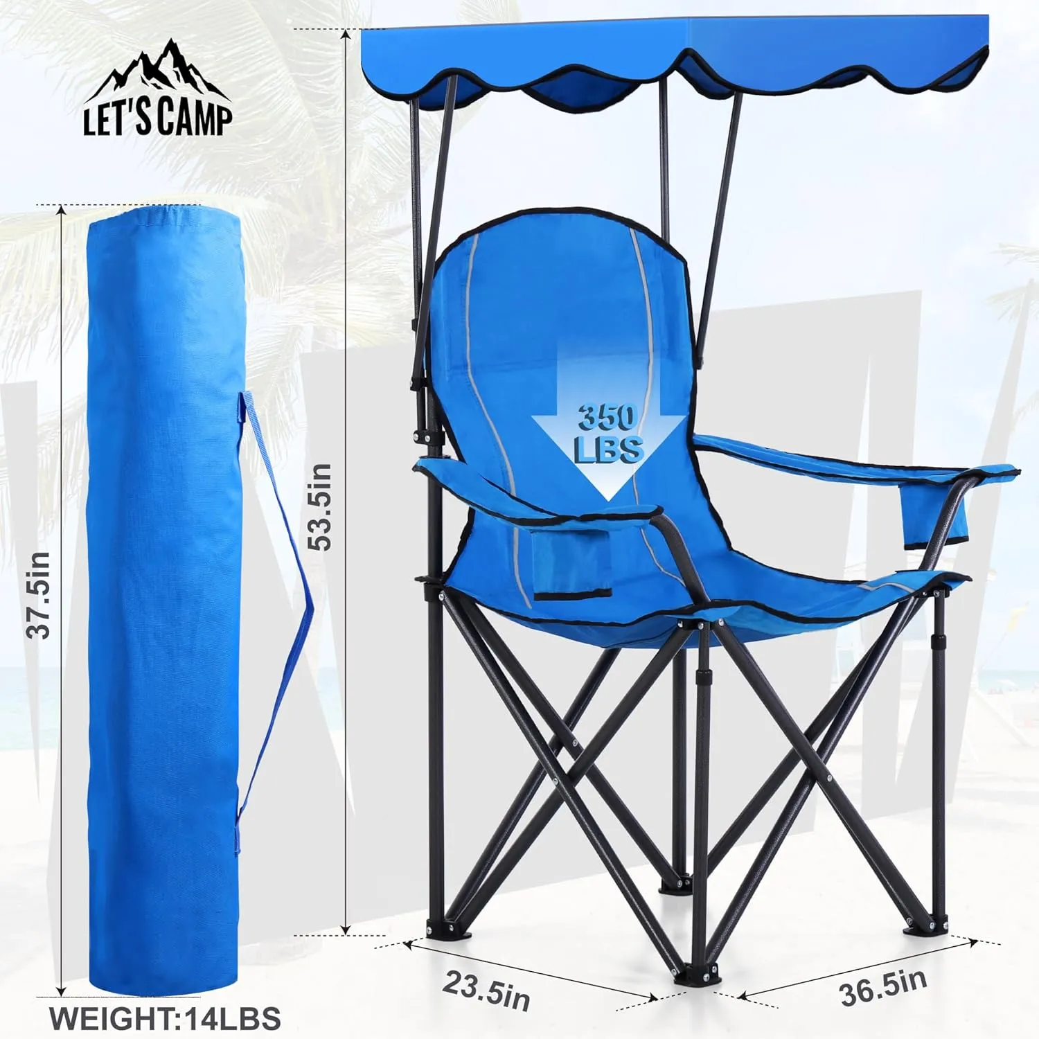 LET'S CAMP Camp Chair with Shade Canopy Folding Camping Recliner Chair with Carry Bag for Outdoor Camping Hiking Beach, Heavy Duty 350 LBS