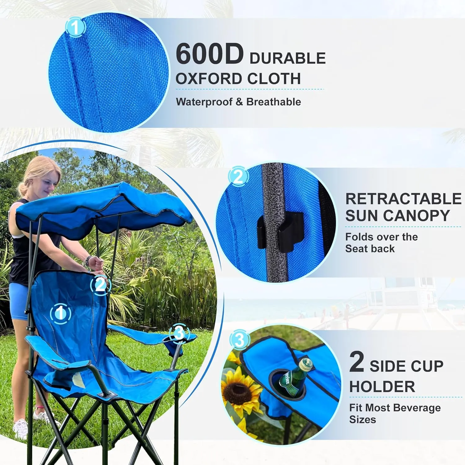 LET'S CAMP Camp Chair with Shade Canopy Folding Camping Recliner Chair with Carry Bag for Outdoor Camping Hiking Beach, Heavy Duty 350 LBS