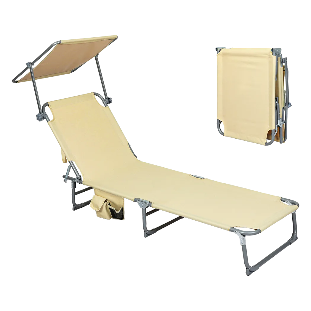 Levede Foldable Lounge Chairs with Canopy Khaki-REMOTE