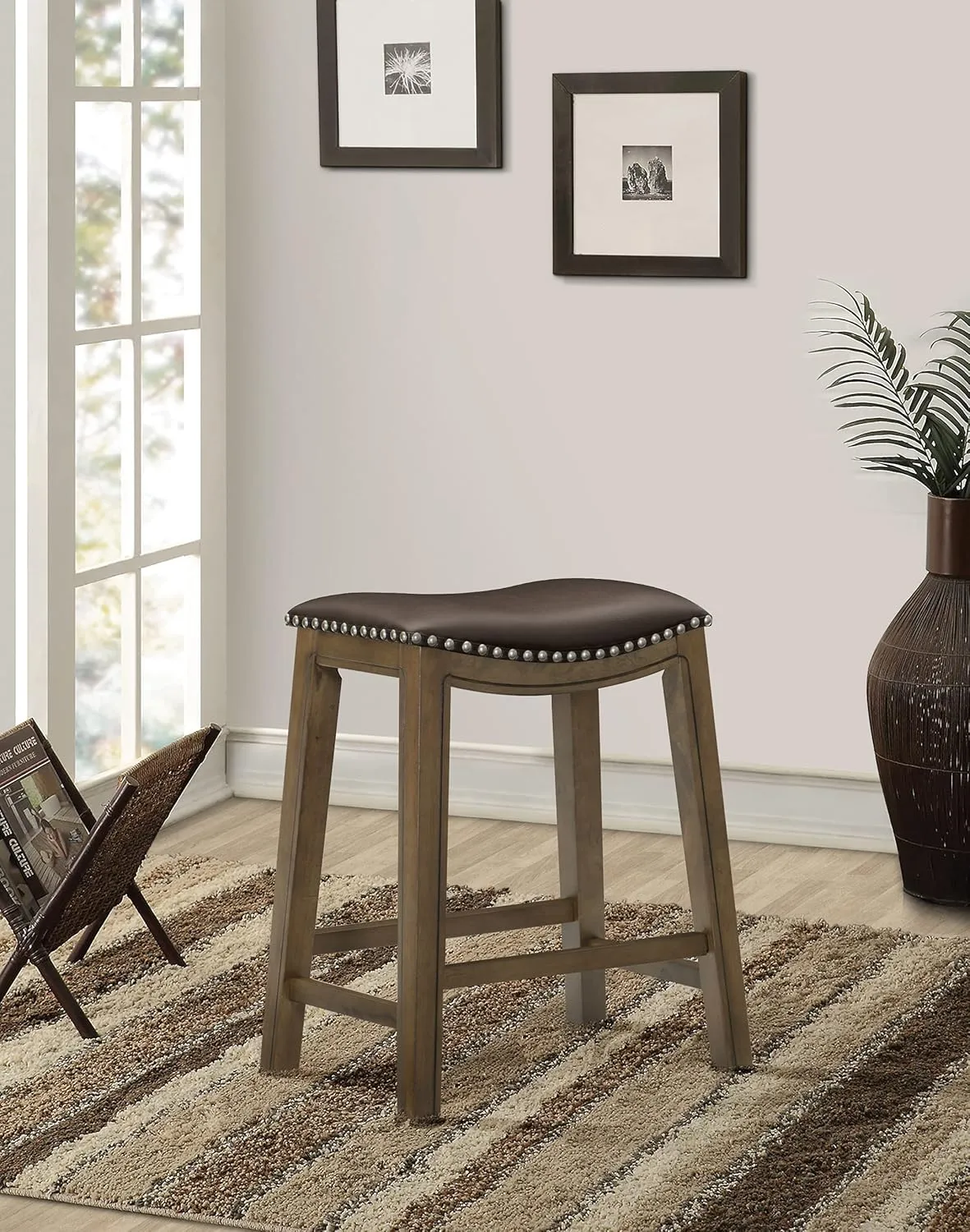 Lexicon Alviso Solid Wood Stools, 26-Inch Counter Height Upholstered Padded Saddle Counter Stools, Faux Leather, Easy Assembly Narrow Solid Wood Frame, Nickel Nailhead, Modern Rustic - Brown