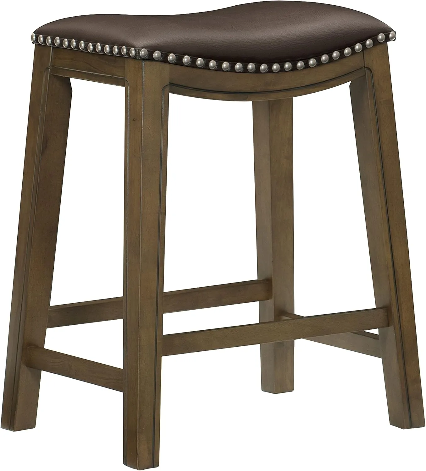 Lexicon Alviso Solid Wood Stools, 26-Inch Counter Height Upholstered Padded Saddle Counter Stools, Faux Leather, Easy Assembly Narrow Solid Wood Frame, Nickel Nailhead, Modern Rustic - Brown