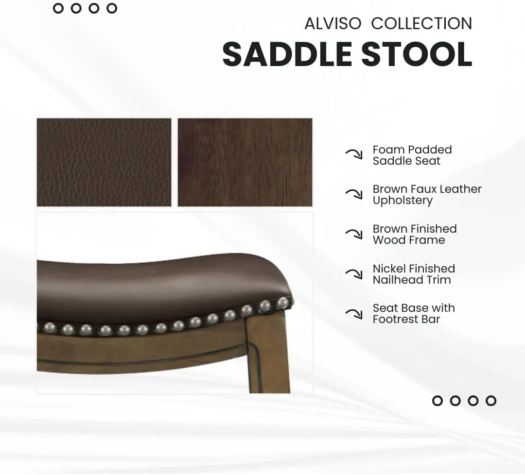 Lexicon Alviso Solid Wood Stools, 26-Inch Counter Height Upholstered Padded Saddle Counter Stools, Faux Leather, Easy Assembly Narrow Solid Wood Frame, Nickel Nailhead, Modern Rustic - Brown