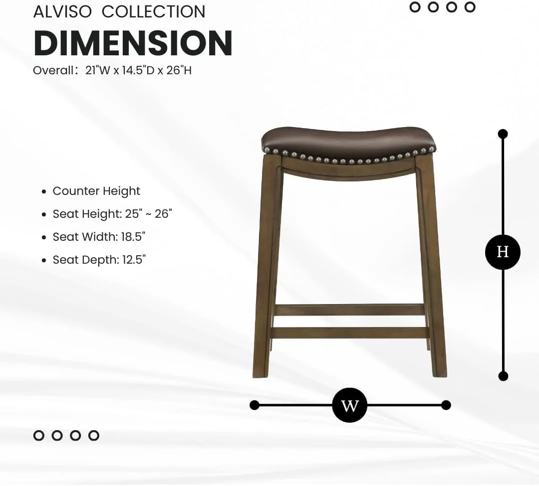 Lexicon Alviso Solid Wood Stools, 26-Inch Counter Height Upholstered Padded Saddle Counter Stools, Faux Leather, Easy Assembly Narrow Solid Wood Frame, Nickel Nailhead, Modern Rustic - Brown