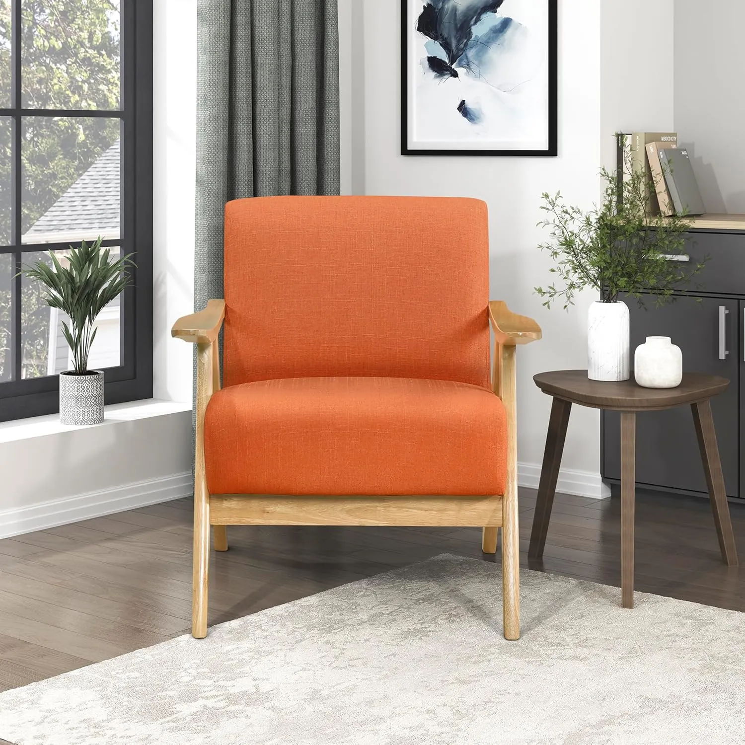 Lexicon Mid Century Modern Accent Chair with Solid Wood Frame in Natural Finish, Textured Fabric Living Room Lounge Arm Chair, Thick and Comfy Innerspring Seat Cushion, Linen-Look Fabric, Orange