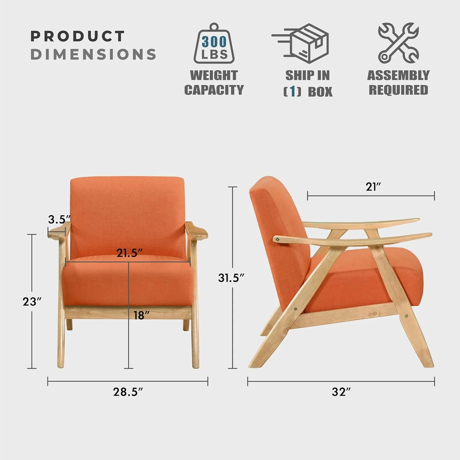Lexicon Mid Century Modern Accent Chair with Solid Wood Frame in Natural Finish, Textured Fabric Living Room Lounge Arm Chair, Thick and Comfy Innerspring Seat Cushion, Linen-Look Fabric, Orange