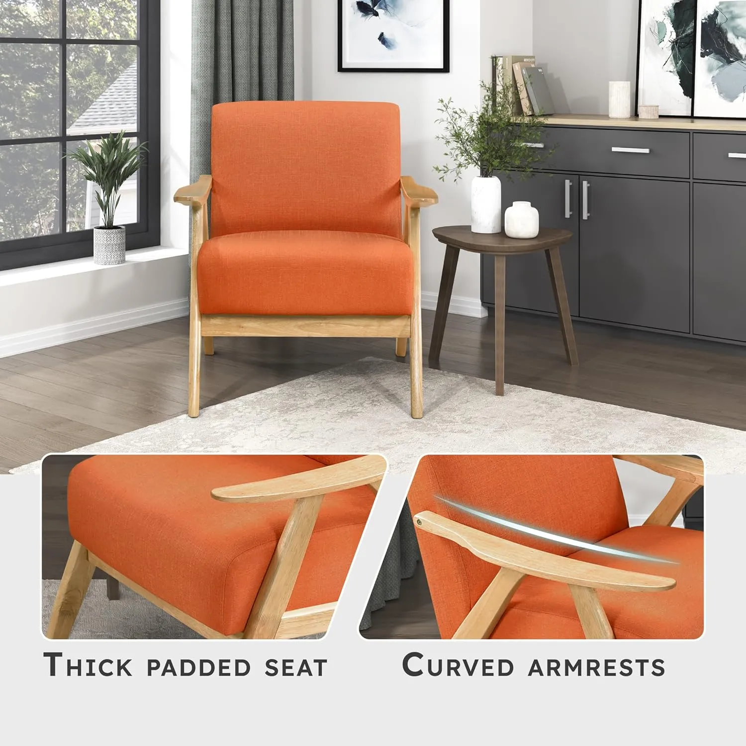 Lexicon Mid Century Modern Accent Chair with Solid Wood Frame in Natural Finish, Textured Fabric Living Room Lounge Arm Chair, Thick and Comfy Innerspring Seat Cushion, Linen-Look Fabric, Orange
