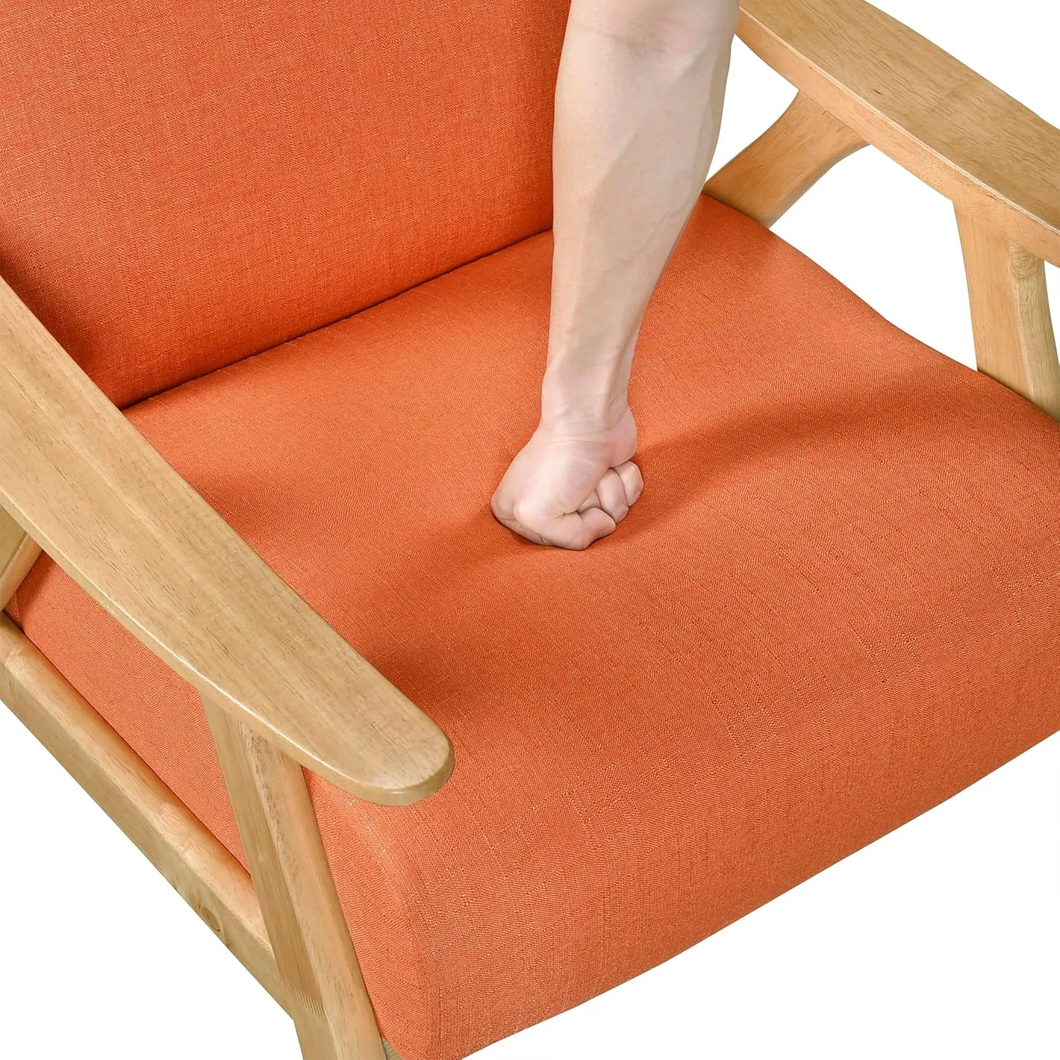 Lexicon Mid Century Modern Accent Chair with Solid Wood Frame in Natural Finish, Textured Fabric Living Room Lounge Arm Chair, Thick and Comfy Innerspring Seat Cushion, Linen-Look Fabric, Orange