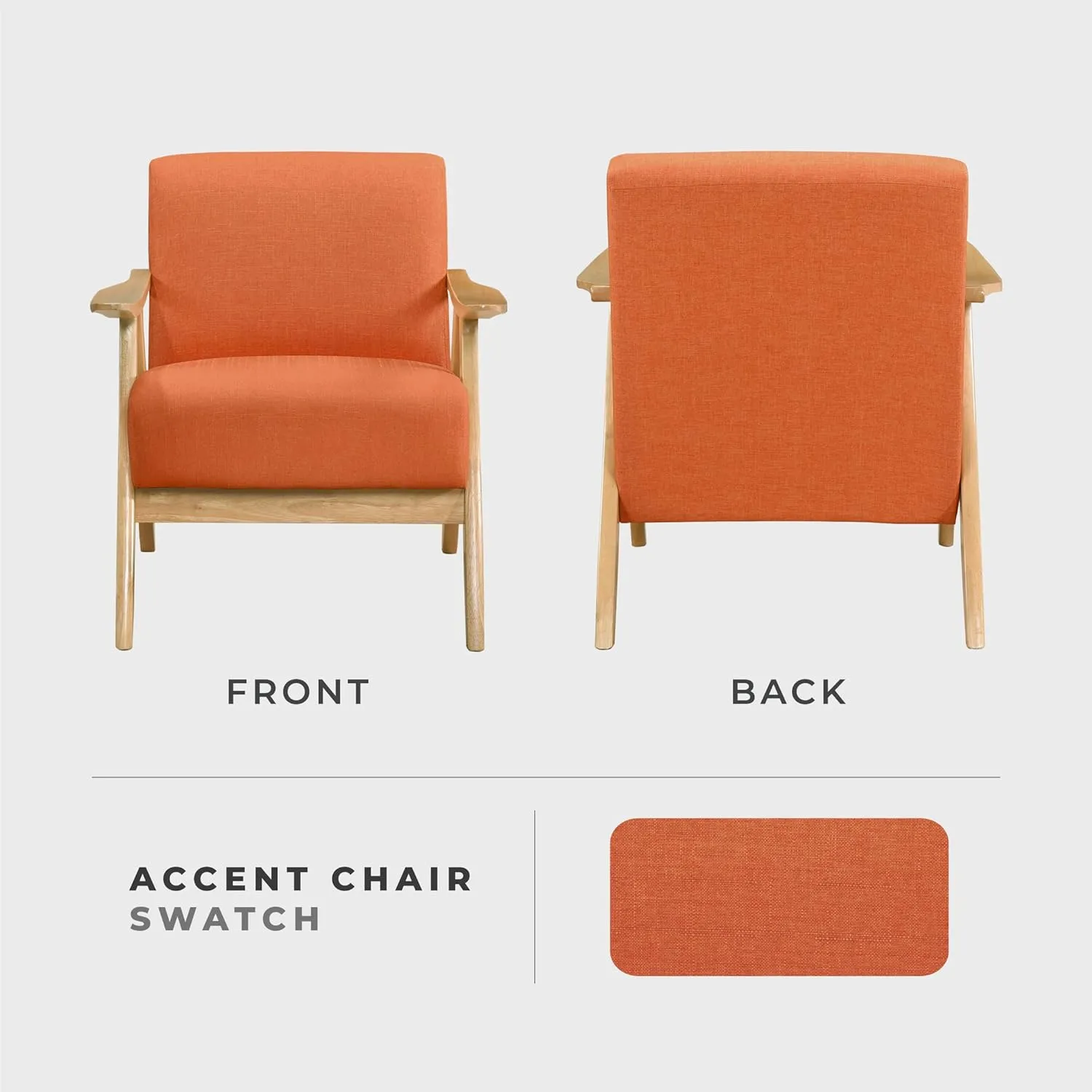 Lexicon Mid Century Modern Accent Chair with Solid Wood Frame in Natural Finish, Textured Fabric Living Room Lounge Arm Chair, Thick and Comfy Innerspring Seat Cushion, Linen-Look Fabric, Orange