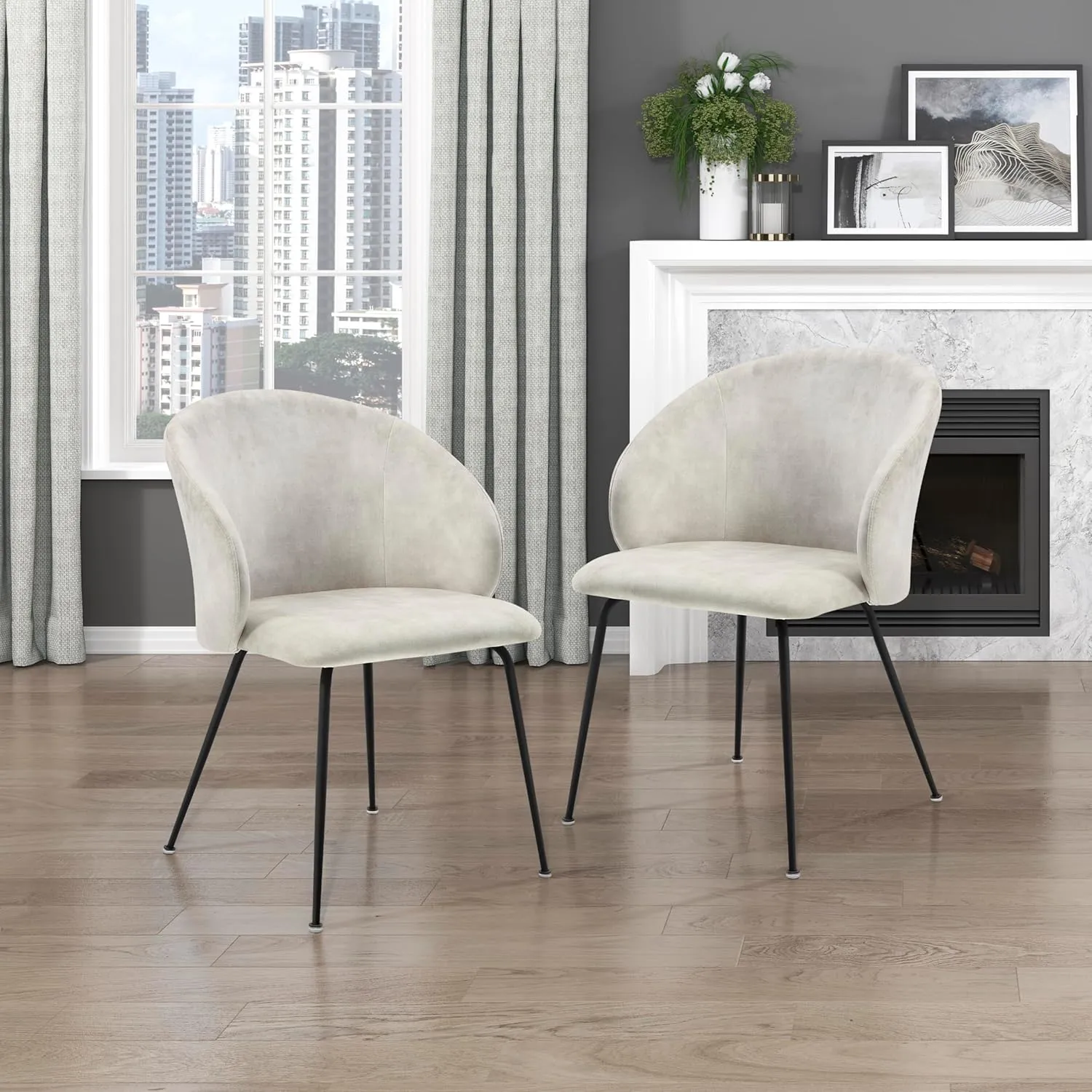 Lexicon Velvet Fabric Upholstered Dining Chairs, Armless Metal Legs Kitchen & Dining Room Chairs, Easy to Assemble Dining Chair, Modern Chair Round Back, Dining Chairs Set of 2, Beige/Black