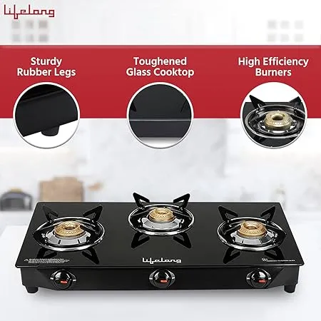Lifelong LLGS18 Glass Top 3 Burner Gas Stove