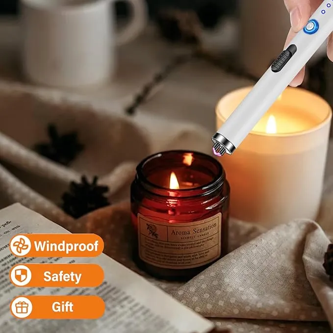 Lighter, Electric Candle Lighter Rechargeable USB Arc Lighters for Camping BBQ Sports - White