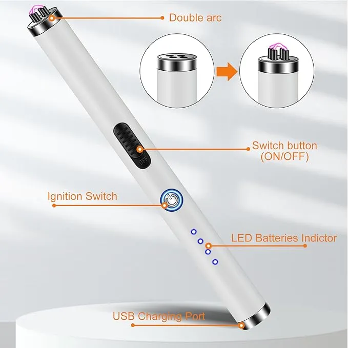 Lighter, Electric Candle Lighter Rechargeable USB Arc Lighters for Camping BBQ Sports - White