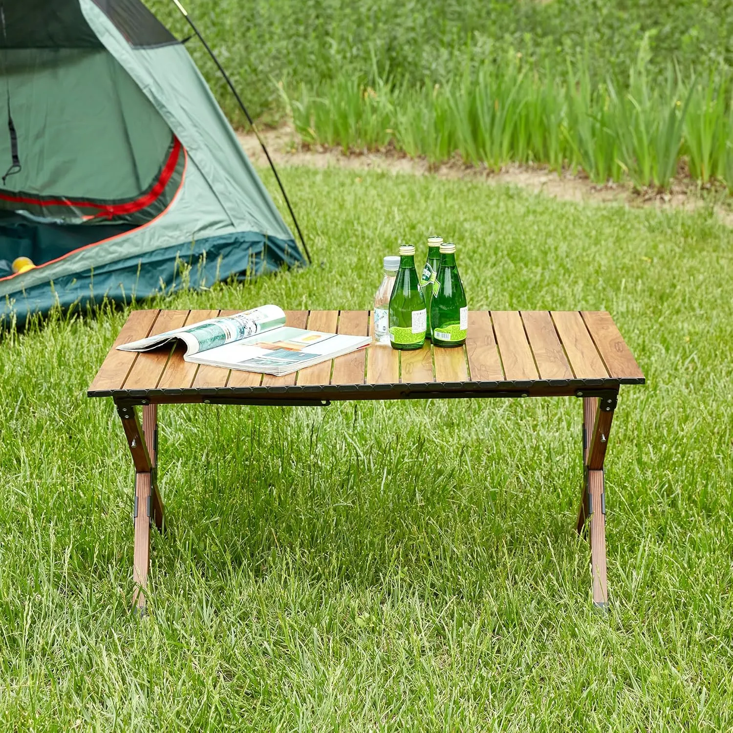 Lightweight Aluminum Folding Outdoor Table with Storage Basket & Carry Bag – 27.56" Portable Roll-Up Square Table for Camping, Beach, BBQ, Patio, 120lbs Capacity, Easy-Clean Surface (Brown)