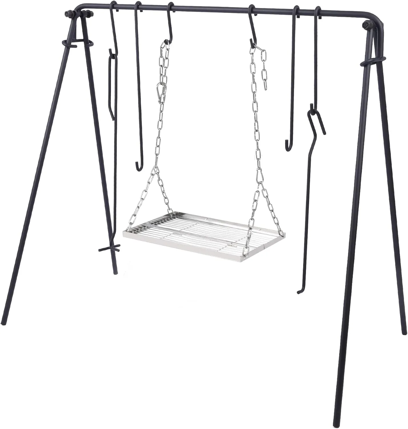 Lineslife Grill Swing Campfire Cooking Stand with Adjusatble Stainless Steel Grill Grate, Collapsible BBQ Grill with Hooks and Accessories for Outdoor Camping Cookware & Dutch Oven