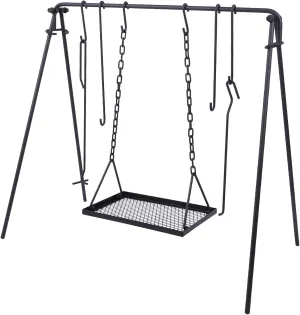 Lineslife Grill Swing Hanging Campfire Cooking Stand with Adjustable Iron Grill Grate, Collapsible Campfire Cooking Rack with Hooks and Accessories for BBQ Picnic, Outdoor Camping Cookware, Dutch Oven