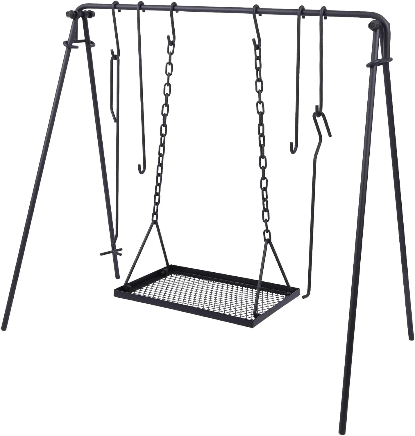 Lineslife Grill Swing Hanging Campfire Cooking Stand with Adjustable Iron Grill Grate, Collapsible Campfire Cooking Rack with Hooks and Accessories for BBQ Picnic, Outdoor Camping Cookware, Dutch Oven