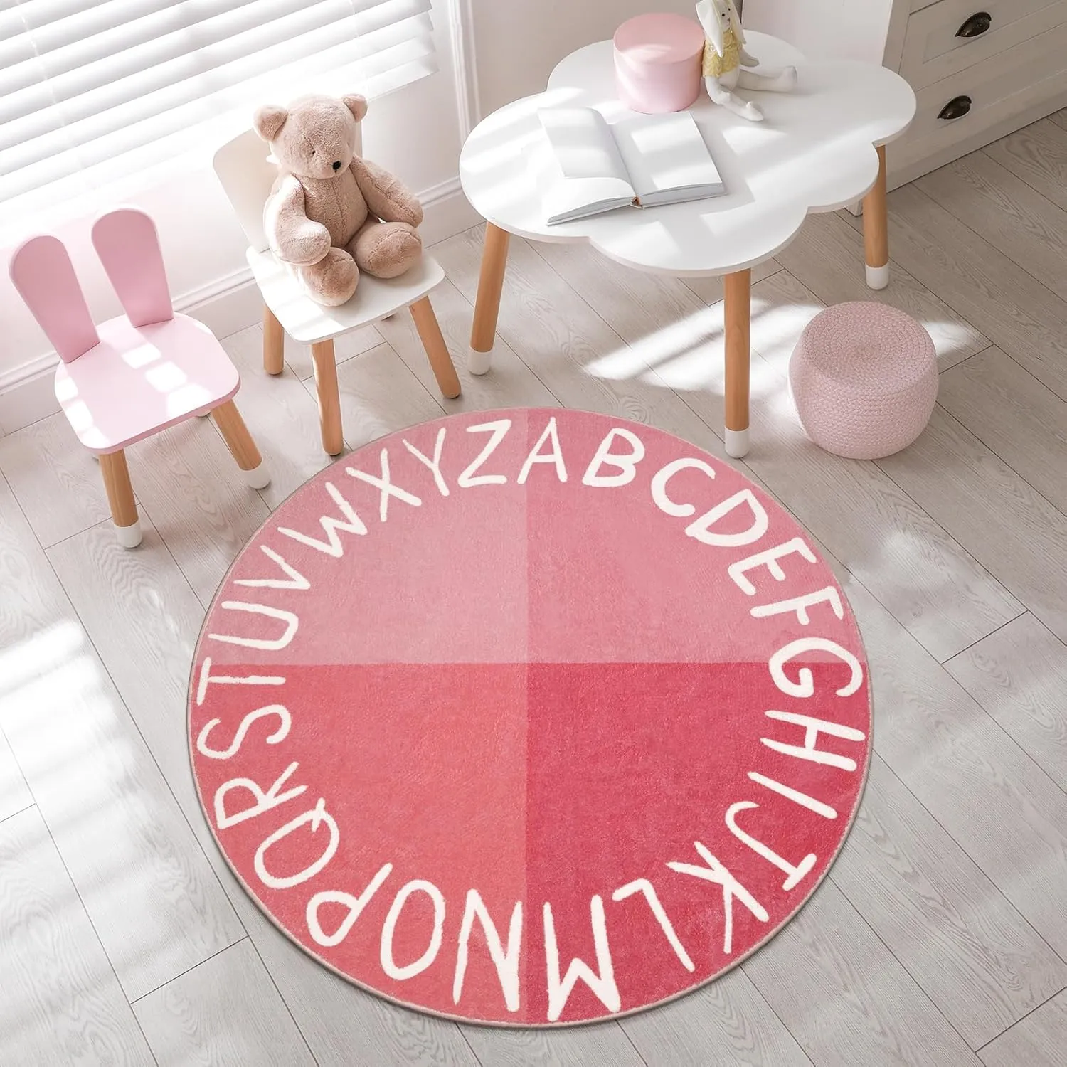 LIVEBOX Round Kids Rug for Girls, Non-Slip Washable Carpet for Baby Nursery, Small Rugs for Bedroom, ABC Circle Soft Princess Playmat for Playroom Classroom Tent (40" Pink)