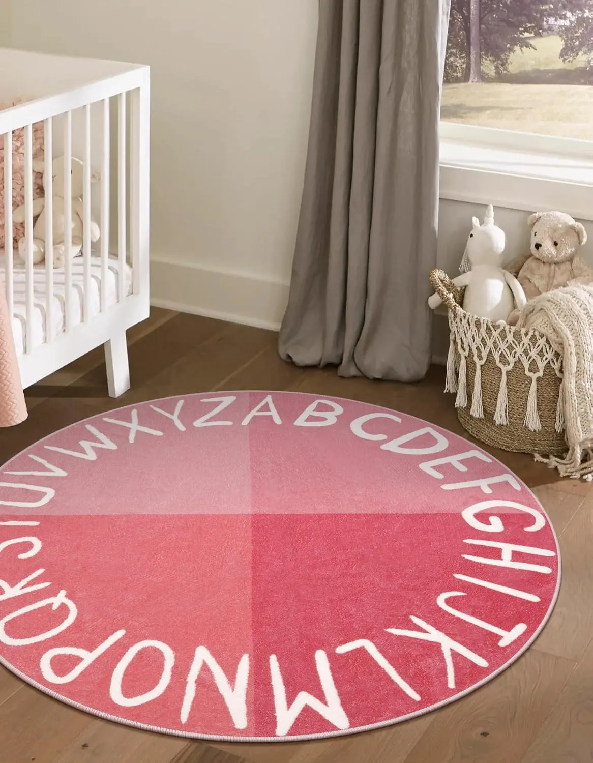 LIVEBOX Round Kids Rug for Girls, Non-Slip Washable Carpet for Baby Nursery, Small Rugs for Bedroom, ABC Circle Soft Princess Playmat for Playroom Classroom Tent (40" Pink)