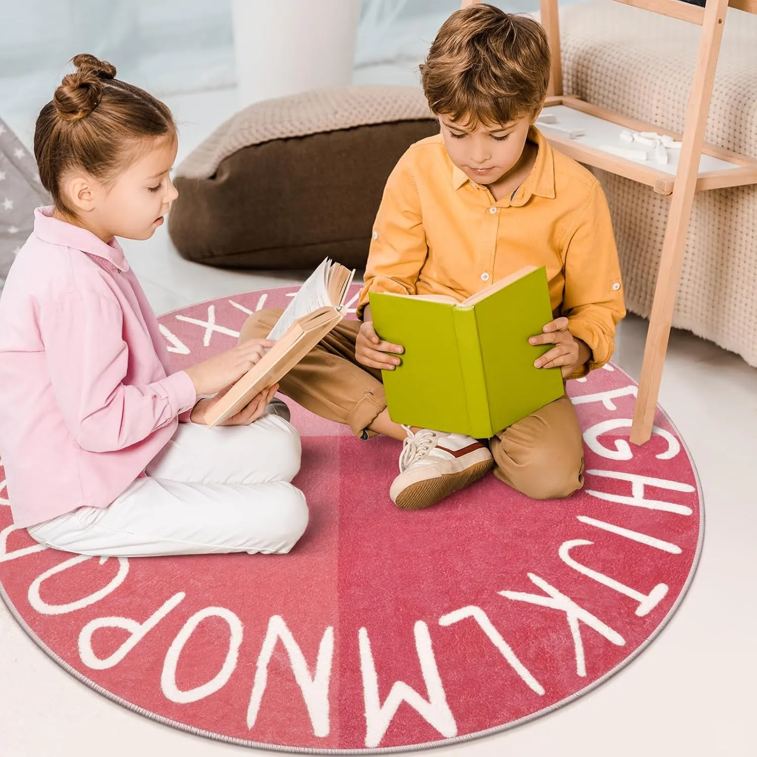 LIVEBOX Round Kids Rug for Girls, Non-Slip Washable Carpet for Baby Nursery, Small Rugs for Bedroom, ABC Circle Soft Princess Playmat for Playroom Classroom Tent (40" Pink)