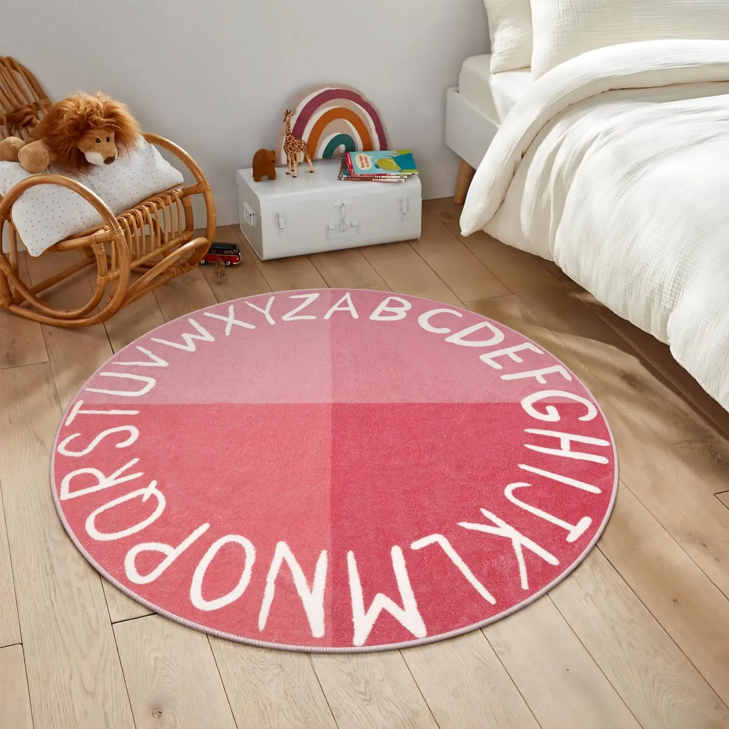 LIVEBOX Round Kids Rug for Girls, Non-Slip Washable Carpet for Baby Nursery, Small Rugs for Bedroom, ABC Circle Soft Princess Playmat for Playroom Classroom Tent (40" Pink)