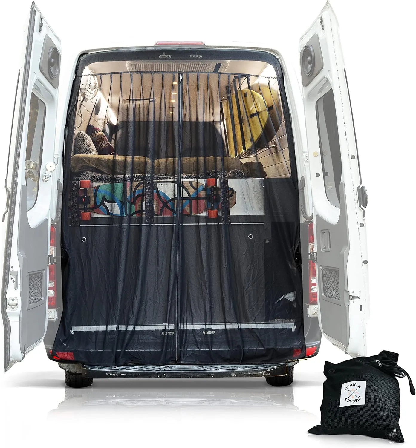 Living in a Bubble Van Bug Screen for Mid & High Roof Mercedes Sprinter, Ford Transit & Other Campervans, Universal Size Rear Door Flyscreen Mosquito Net, Center Zipper Closure (Large)