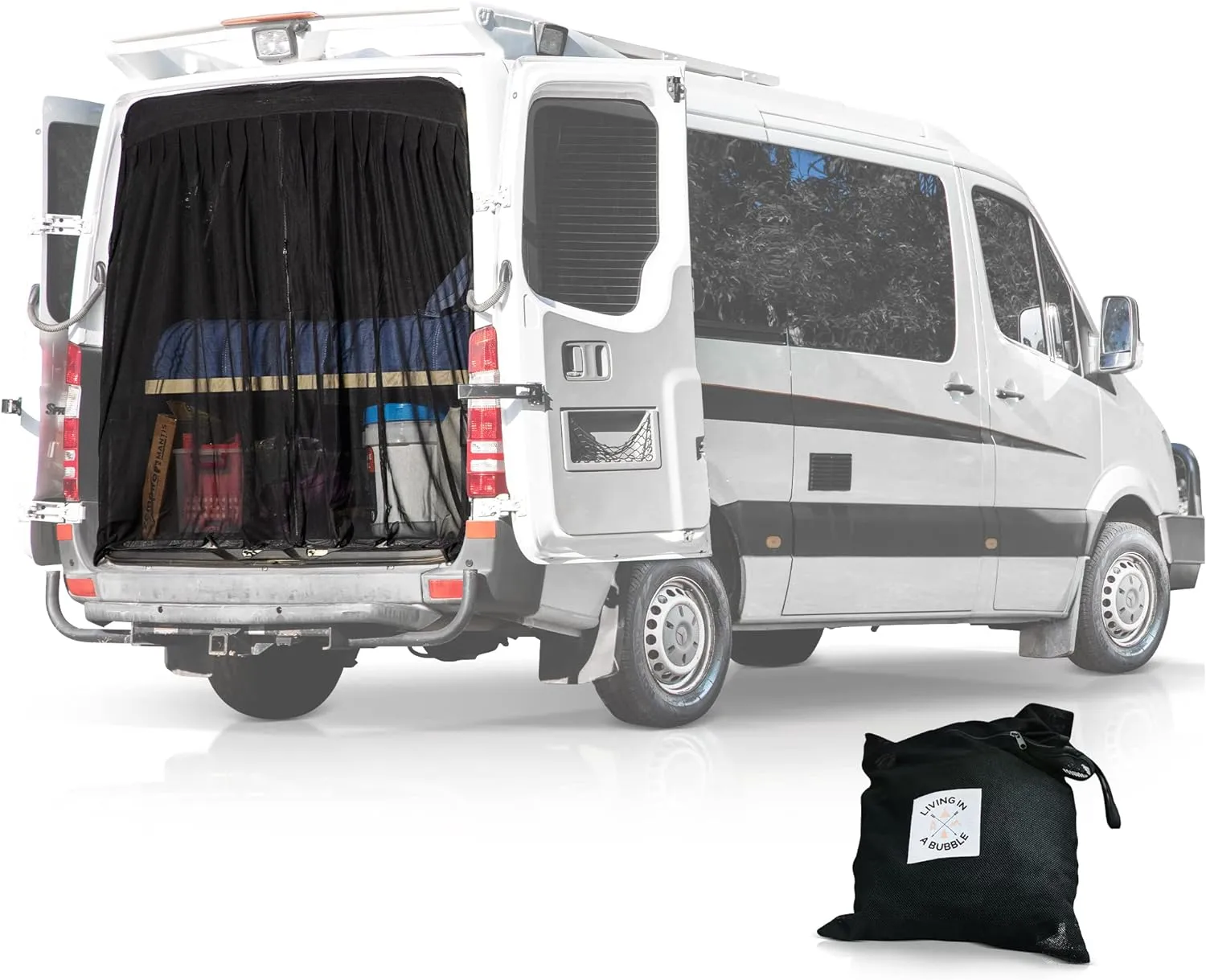 Living in a Bubble Van Bug Screen for Standard Roof Mercedes Benz Sprinter and Ford Transit, Universal Size Rear Door Flyscreen Mosquito Net, Center Zipper Closure