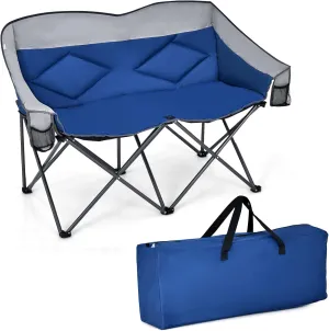 Loveseat Camping Chair, Double Folding Chair, Support 500 LBS, Heavy Duty for 2 Adults, Oversize Camp Seat with Storage Bags, Backrest, Padded Wide Camp Seat for Outside, Picnic, Beach (Blue)