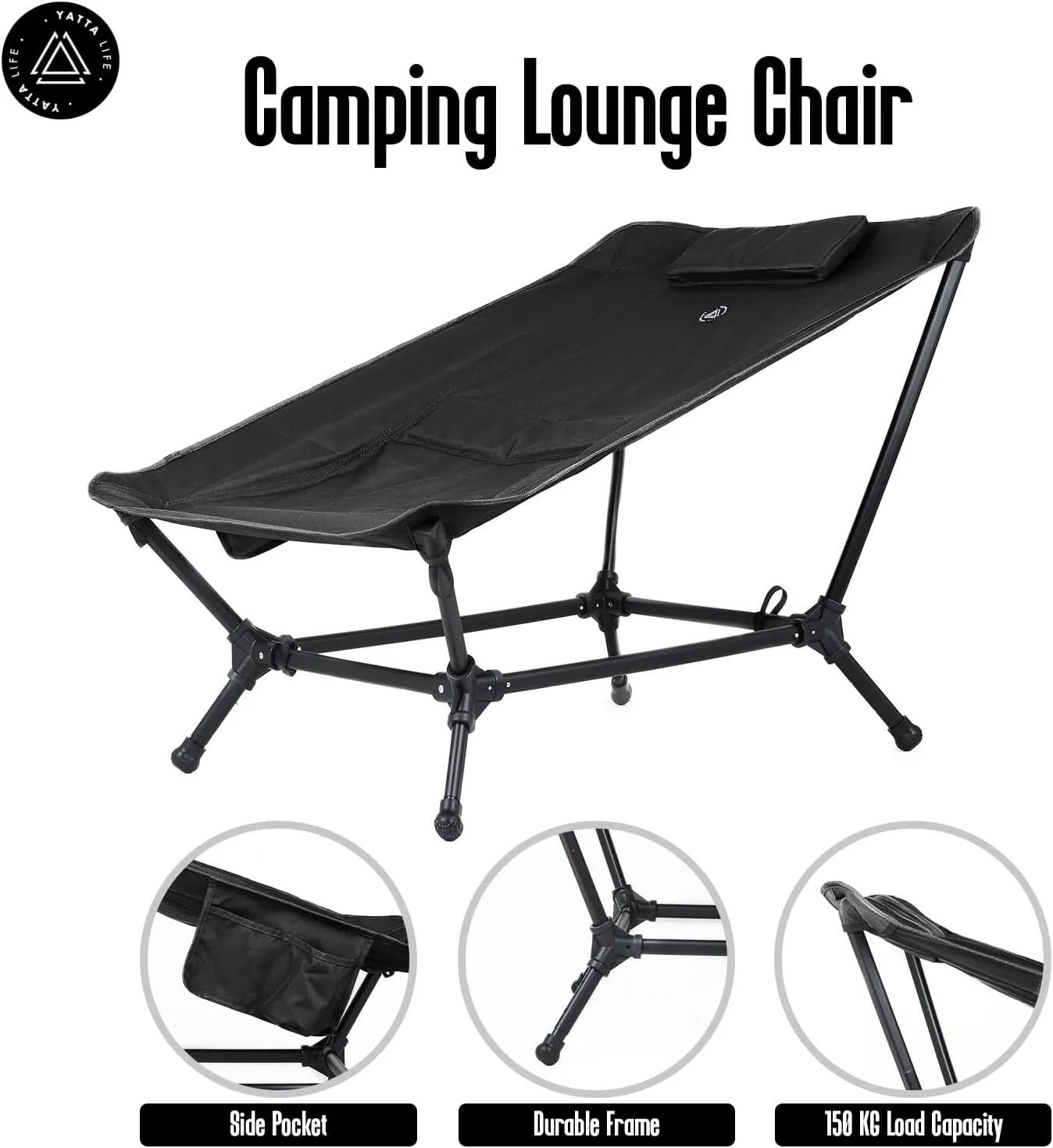 Low Back Folding Camping Chairs for Adults with Storage Pouches & Carrying Case - Foldable Lawn Chairs, Beach Chair, Fishing Chair, Portable Lightweight Outdoor Chair. (Black)
