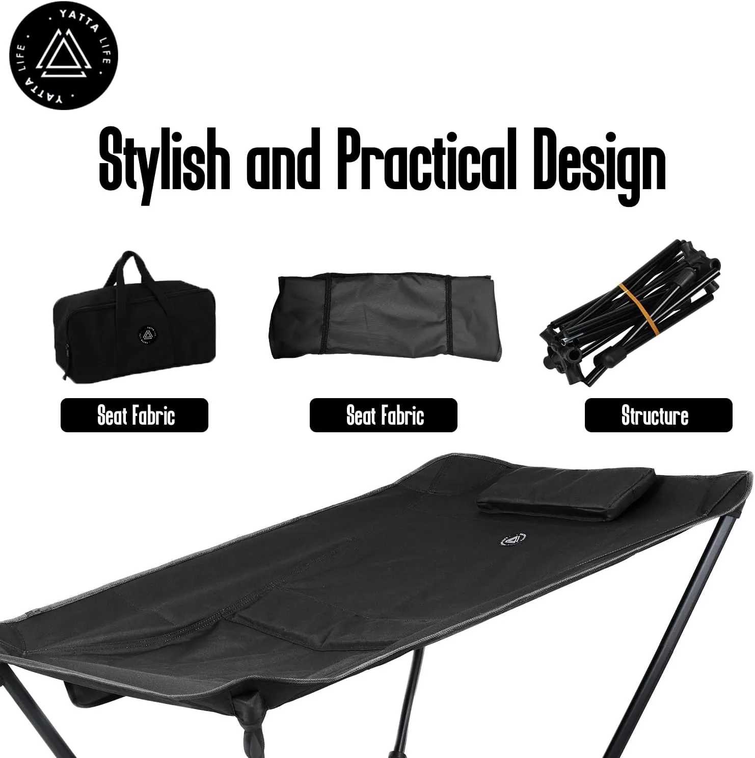 Low Back Folding Camping Chairs for Adults with Storage Pouches & Carrying Case - Foldable Lawn Chairs, Beach Chair, Fishing Chair, Portable Lightweight Outdoor Chair. (Black)
