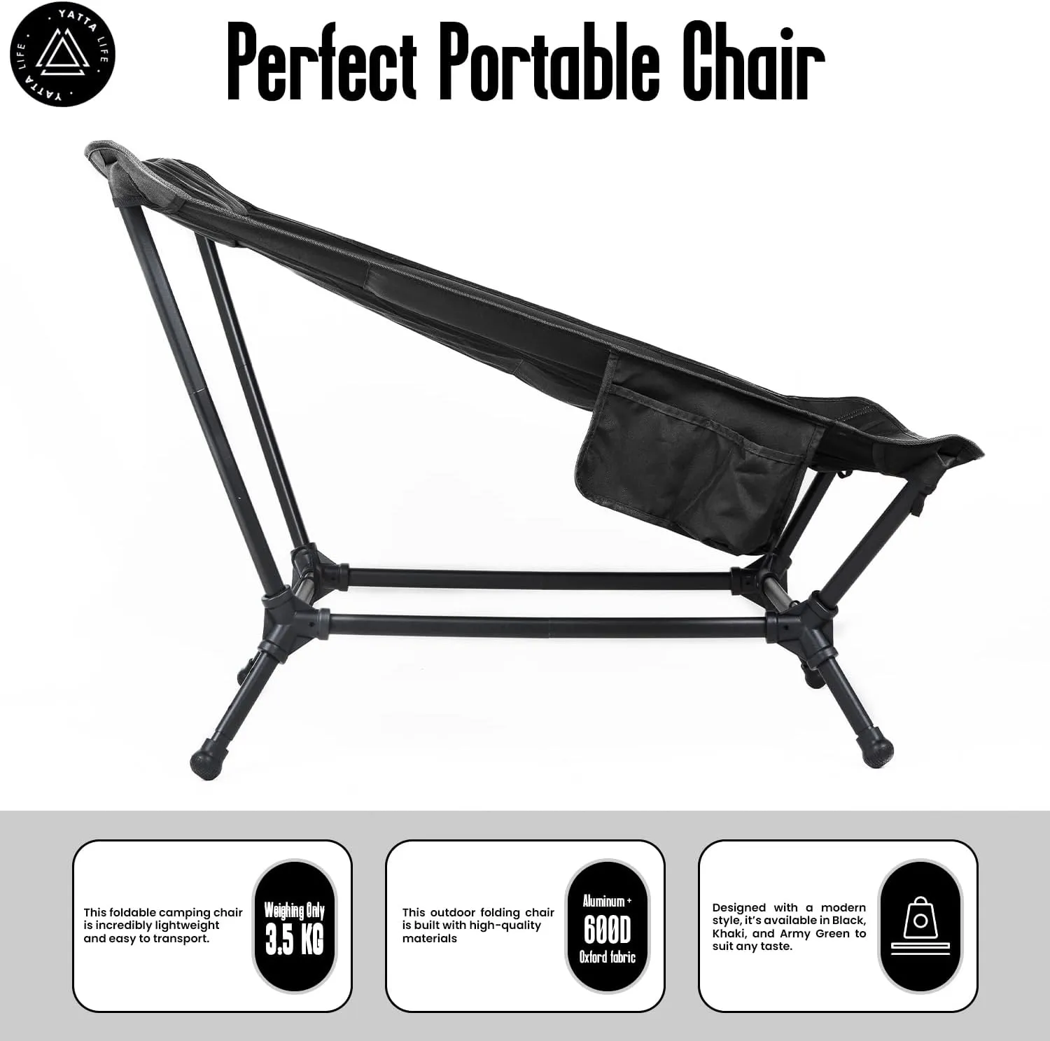 Low Back Folding Camping Chairs for Adults with Storage Pouches & Carrying Case - Foldable Lawn Chairs, Beach Chair, Fishing Chair, Portable Lightweight Outdoor Chair. (Black)