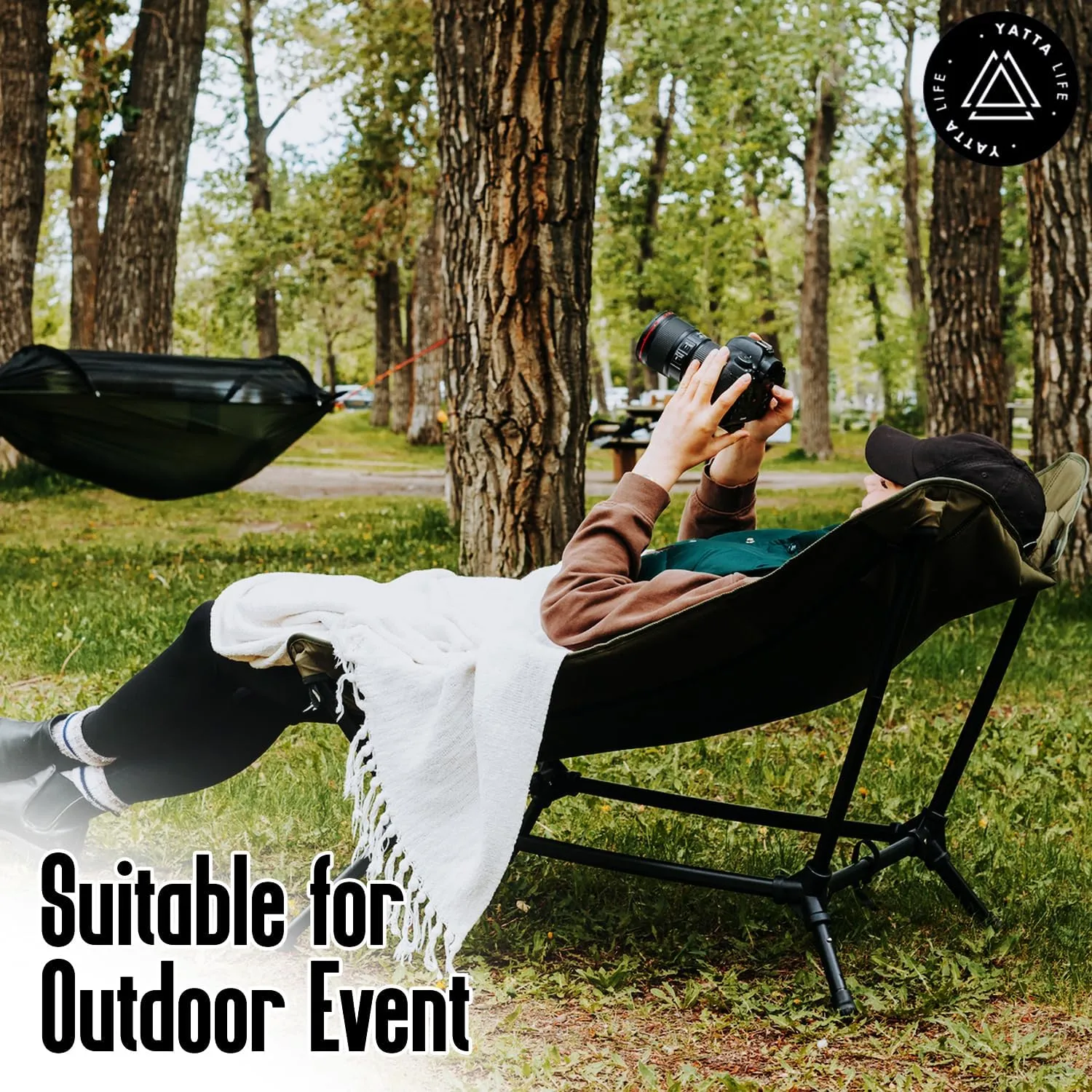 Low Back Folding Camping Chairs for Adults with Storage Pouches & Carrying Case - Foldable Lawn Chairs, Beach Chair, Fishing Chair, Portable Lightweight Outdoor Chair. (Black)