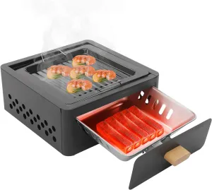 LOYALHEARTDY Square Tabletop Charcoal BBQ Grill - Portable Camping Grill with Foldable Legs, Wooden Handle & Pull-Out Ash Tray for Outdoor Picnic Beach Black