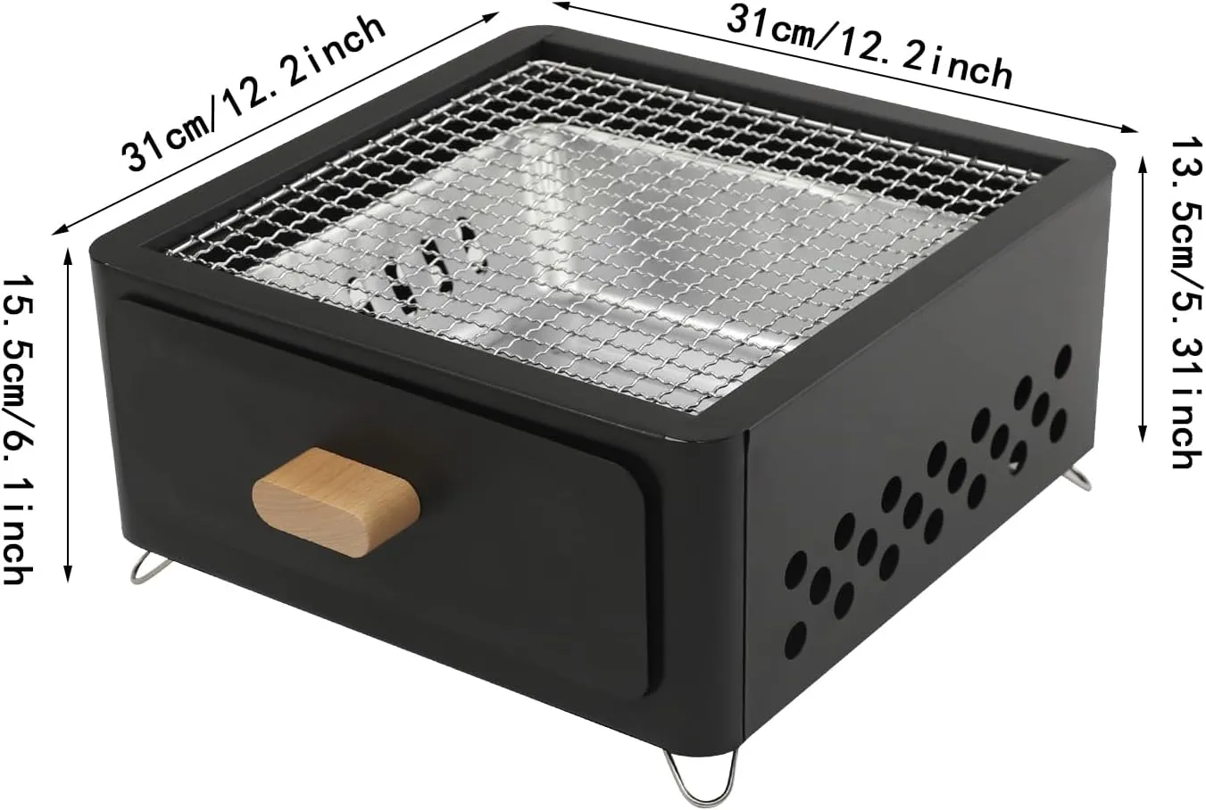 LOYALHEARTDY Square Tabletop Charcoal BBQ Grill - Portable Camping Grill with Foldable Legs, Wooden Handle & Pull-Out Ash Tray for Outdoor Picnic Beach Black