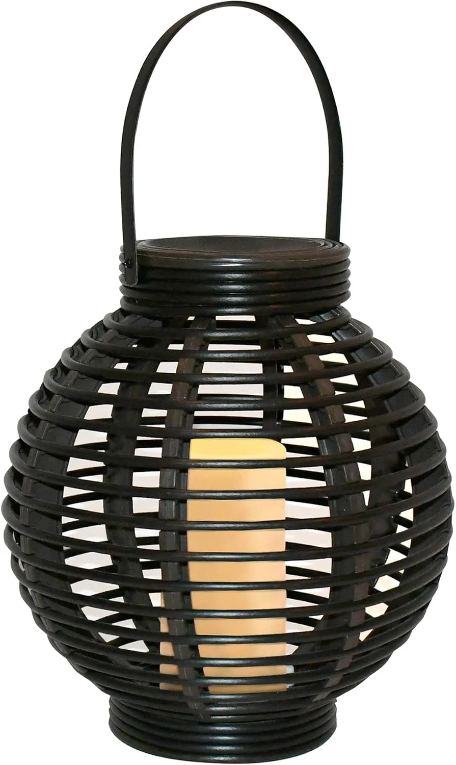 LumaBase Solar Powered Lantern with LED Candle, Black Basket, 9", 62901