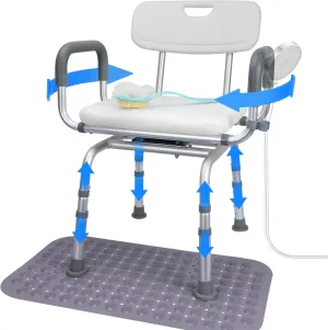 LUNYEE 360° Swivel Shower Chair for Elderly and Disabled Support 400lbs Non-Slip Sliding Shower Chair for Inside Shower with Bath Rug & Back Scrubber Bath Chairs for Seniors Tub with Arms and Back
