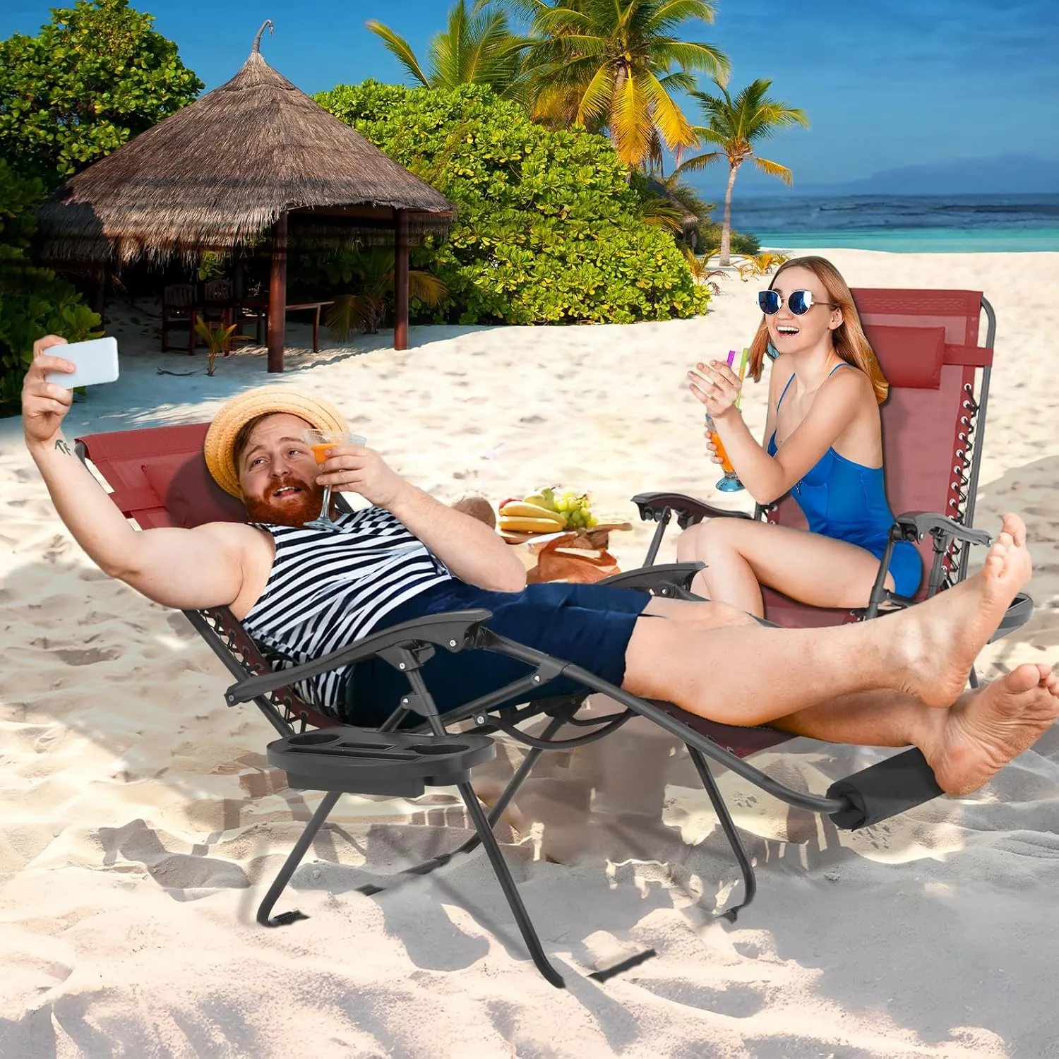 Magshion Oversized XL Zero Gravity Lounge Chairs Set of 2 with Cup Holder Tray, 29" Patio Recliner Chair Foldable Outdoor Anti-Gravity Chairs with Foot Rest Cushion, Maroon (330lb Weight Capacity)