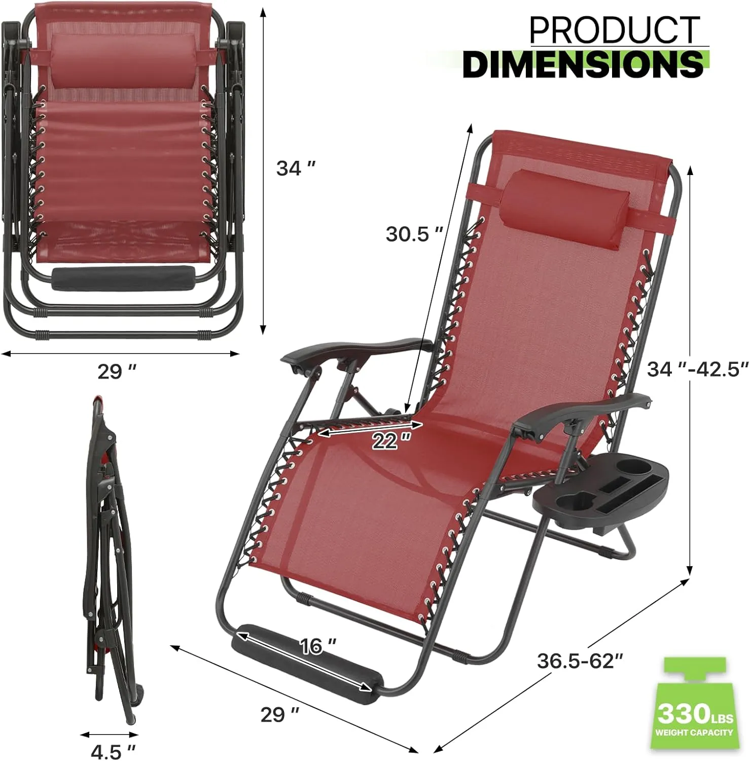Magshion Oversized XL Zero Gravity Lounge Chairs Set of 2 with Cup Holder Tray, 29" Patio Recliner Chair Foldable Outdoor Anti-Gravity Chairs with Foot Rest Cushion, Maroon (330lb Weight Capacity)