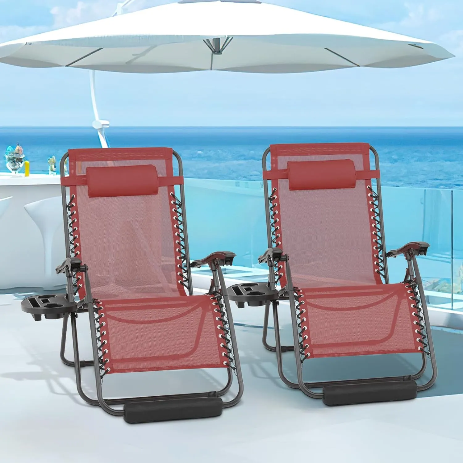Magshion Oversized XL Zero Gravity Lounge Chairs Set of 2 with Cup Holder Tray, 29" Patio Recliner Chair Foldable Outdoor Anti-Gravity Chairs with Foot Rest Cushion, Maroon (330lb Weight Capacity)