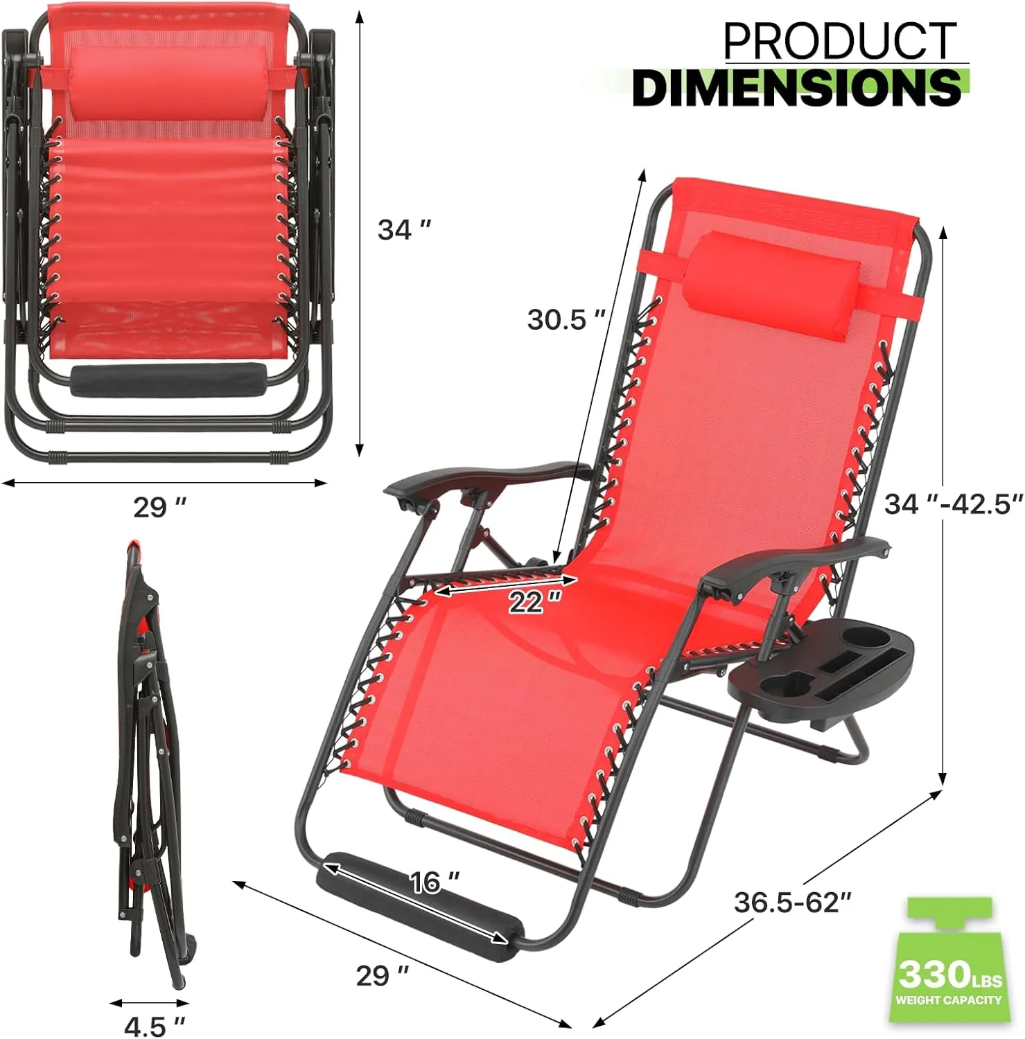 Magshion Oversized XL Zero Gravity Lounge Chairs Set of 2 with Cup Holder Tray, 29" Patio Recliner Chair Foldable Outdoor Anti-Gravity Chairs with Foot Rest Cushion, Red (330lb Weight Capacity)