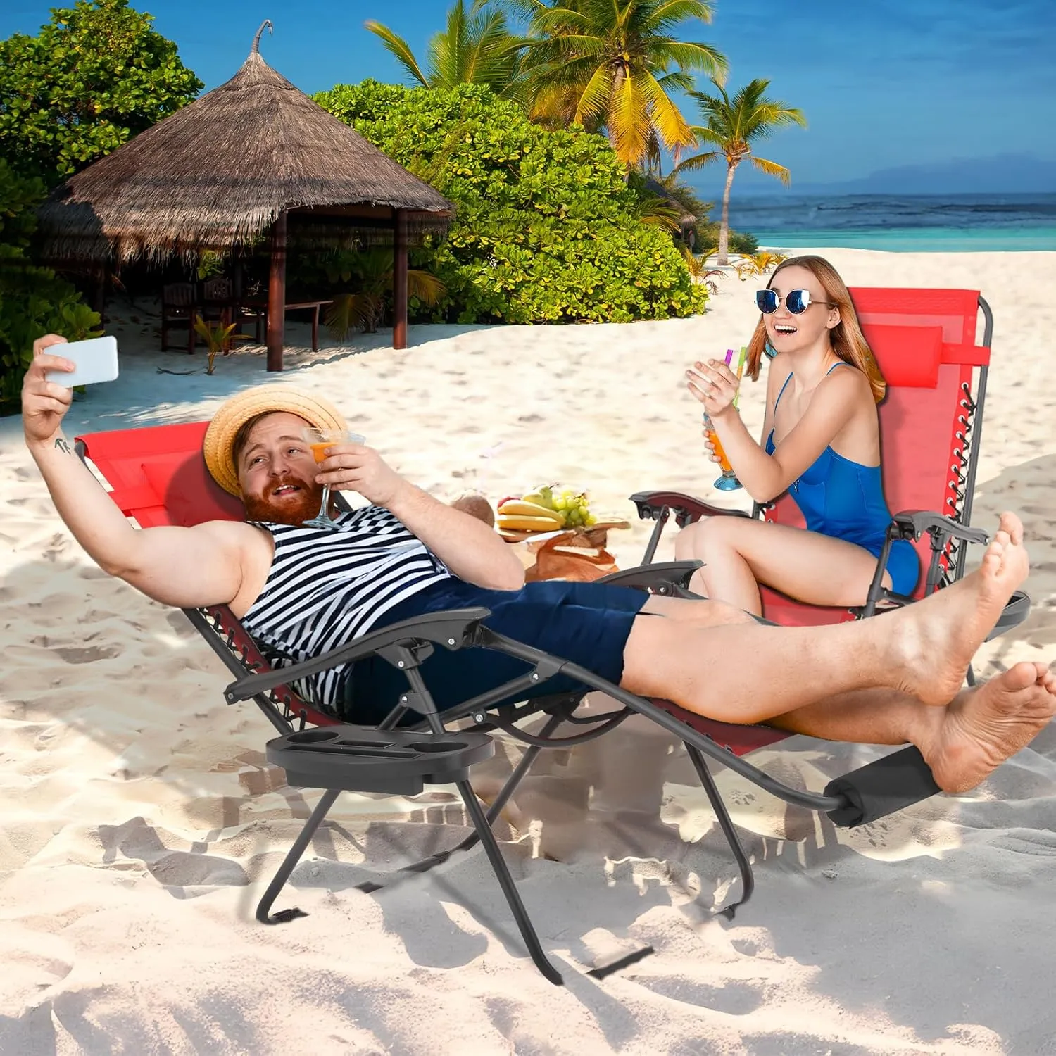Magshion Oversized XL Zero Gravity Lounge Chairs Set of 2 with Cup Holder Tray, 29" Patio Recliner Chair Foldable Outdoor Anti-Gravity Chairs with Foot Rest Cushion, Red (330lb Weight Capacity)
