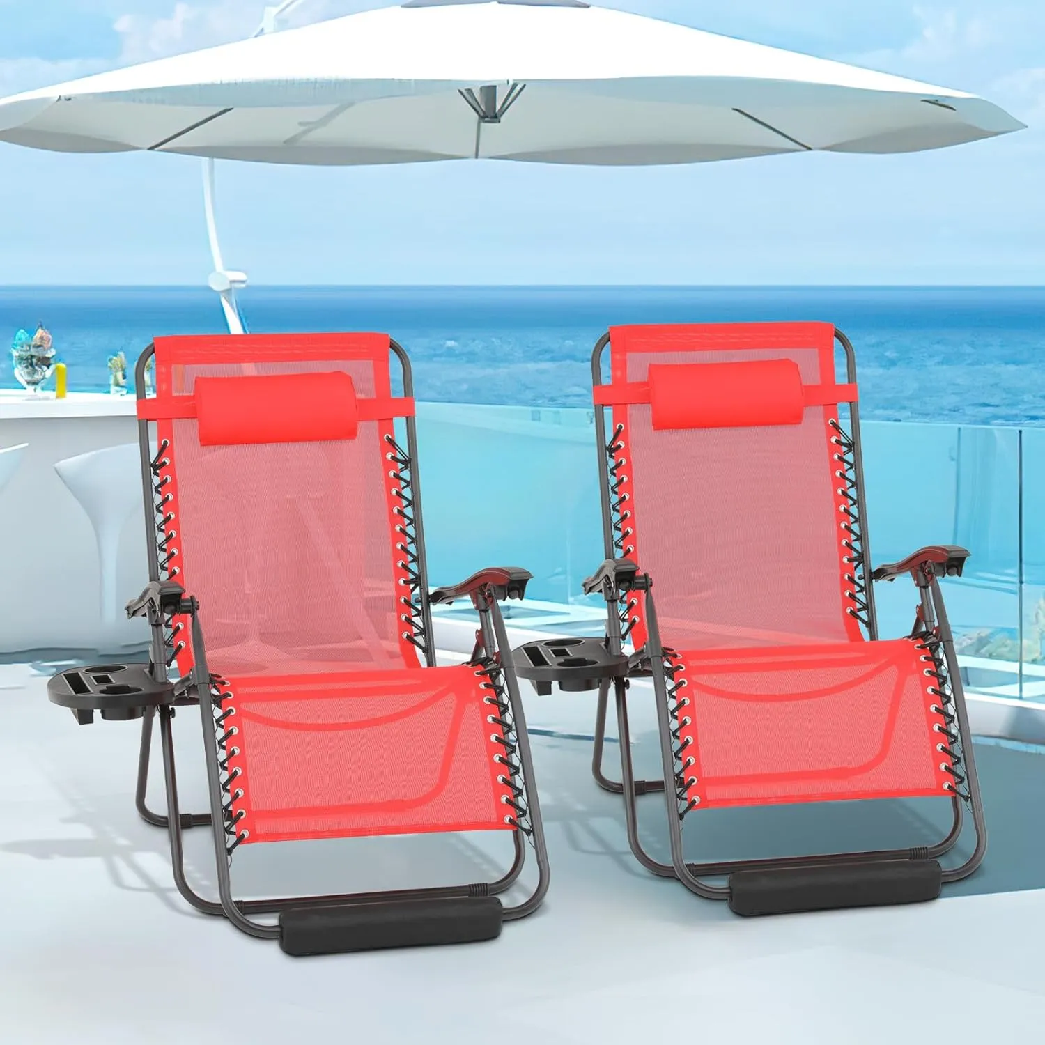 Magshion Oversized XL Zero Gravity Lounge Chairs Set of 2 with Cup Holder Tray, 29" Patio Recliner Chair Foldable Outdoor Anti-Gravity Chairs with Foot Rest Cushion, Red (330lb Weight Capacity)