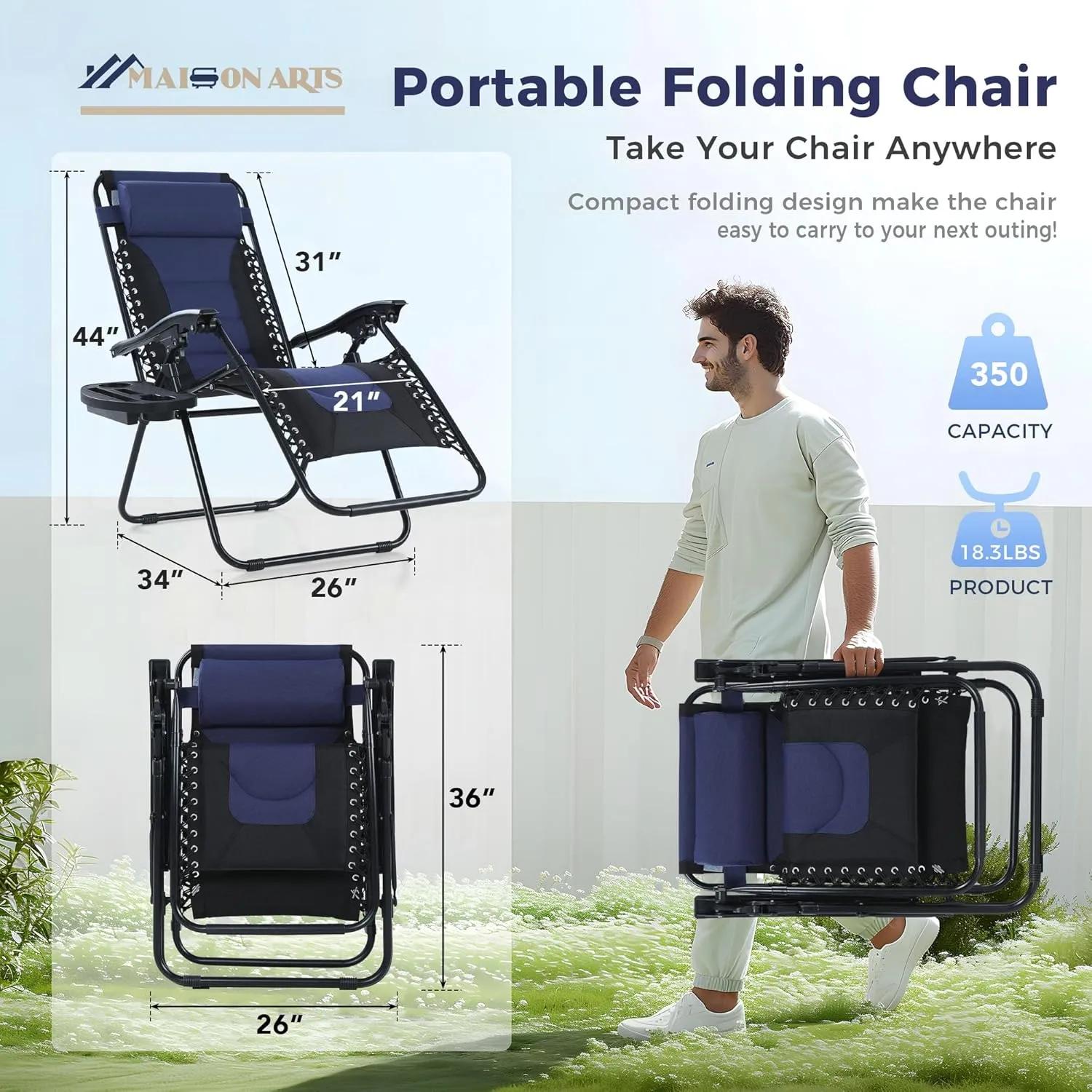 MAISON ARTS Padded Zero Gravity Lawn Chair Foldable Patio Recliner Anti Gravity Lounge Chair w/Pillow & Cup Holder Outdoor Camp Chair for Poolside Backyard Beach, Support 350LBS, Blue