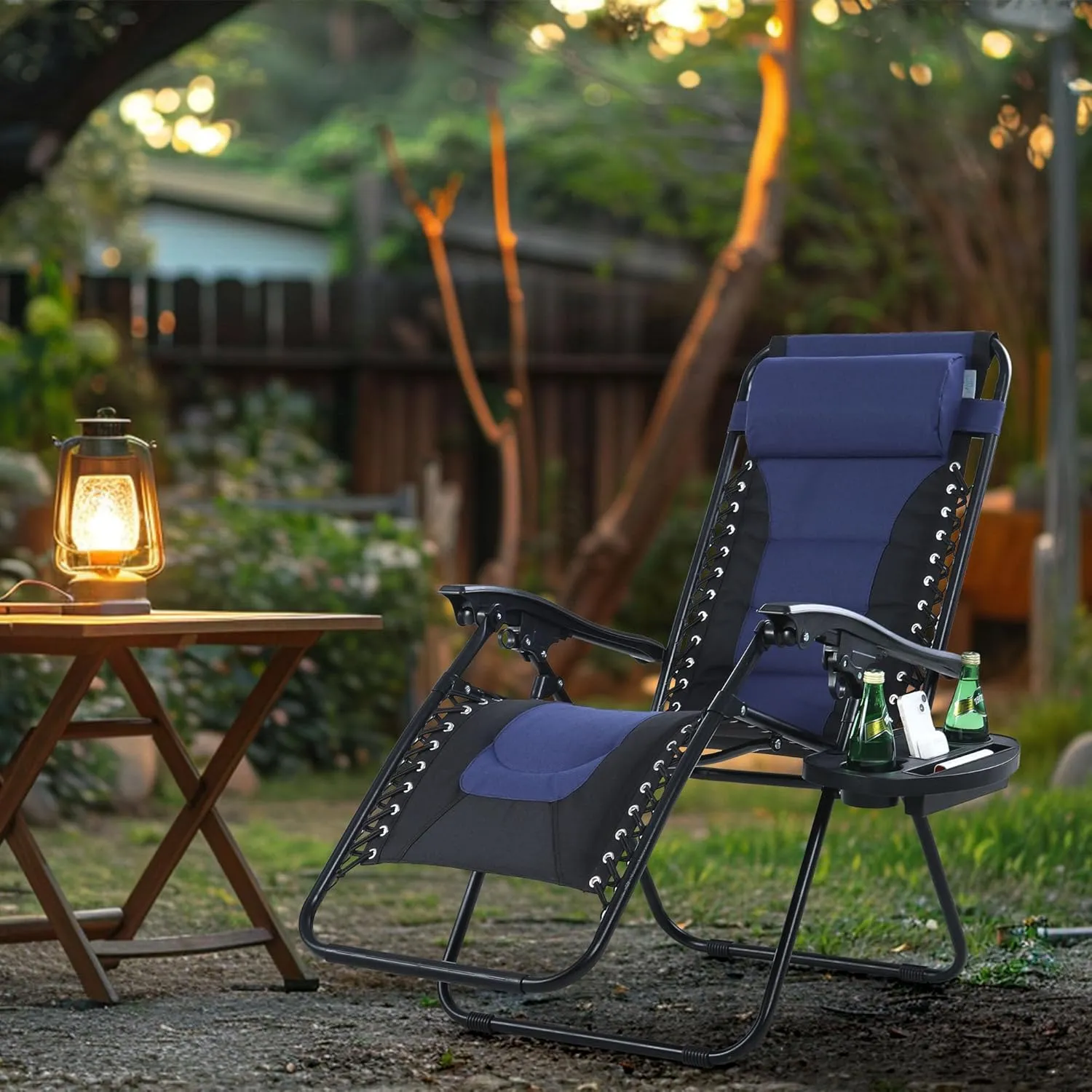 MAISON ARTS Padded Zero Gravity Lawn Chair Foldable Patio Recliner Anti Gravity Lounge Chair w/Pillow & Cup Holder Outdoor Camp Chair for Poolside Backyard Beach, Support 350LBS, Blue