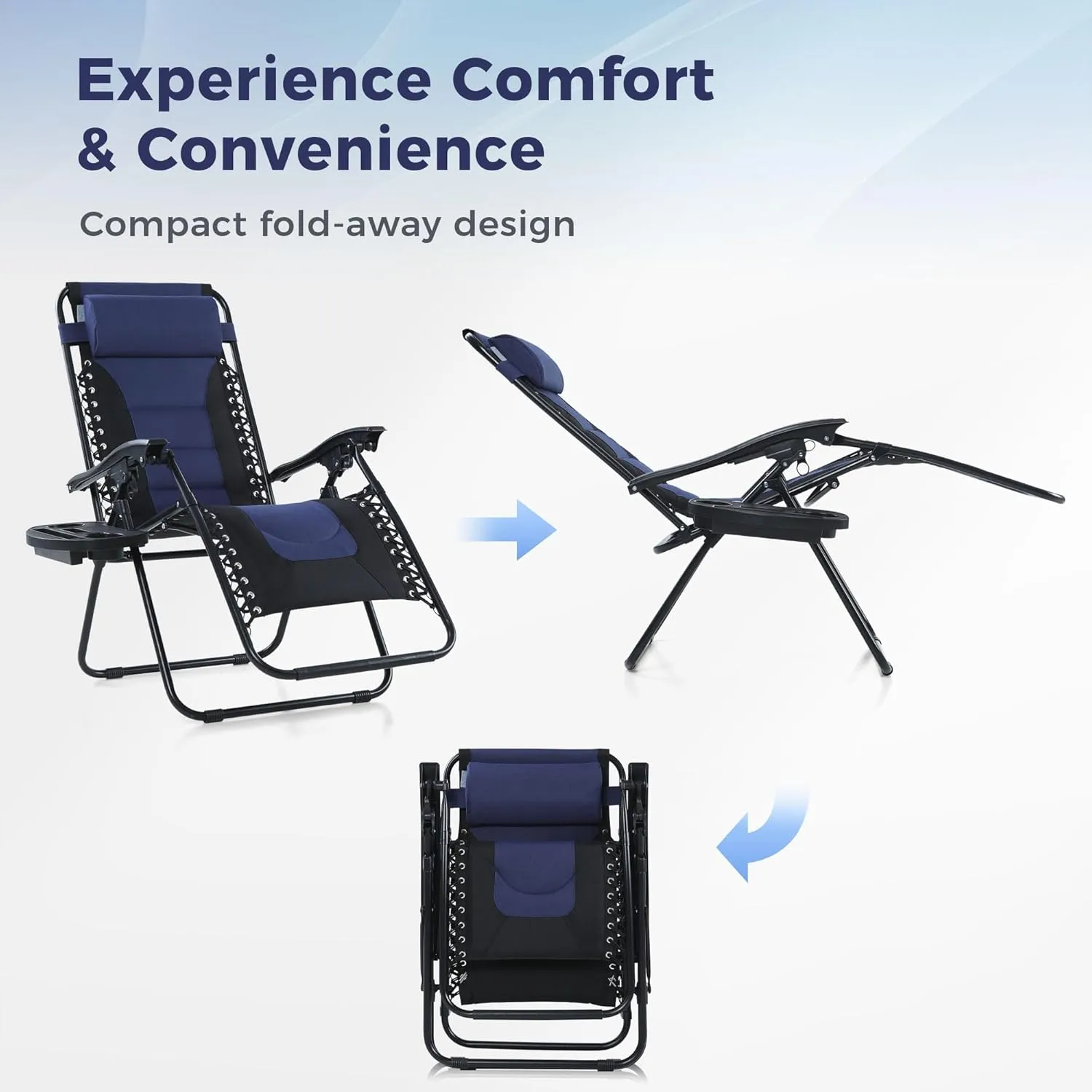 MAISON ARTS Padded Zero Gravity Lawn Chair Foldable Patio Recliner Anti Gravity Lounge Chair w/Pillow & Cup Holder Outdoor Camp Chair for Poolside Backyard Beach, Support 350LBS, Blue