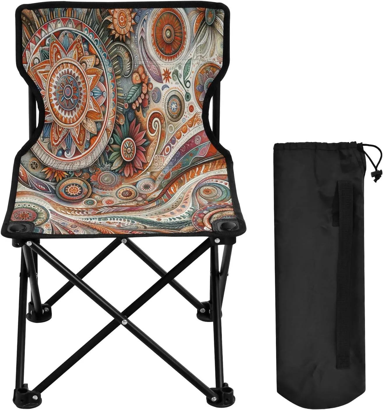 Mandala Flower Texture Portable Outdoor Folding Chair Anti-Slip Padded Oxford Cloth Stool Camping Chair Small for Beach Hiking Fishing Gardening Quad Camp Chair