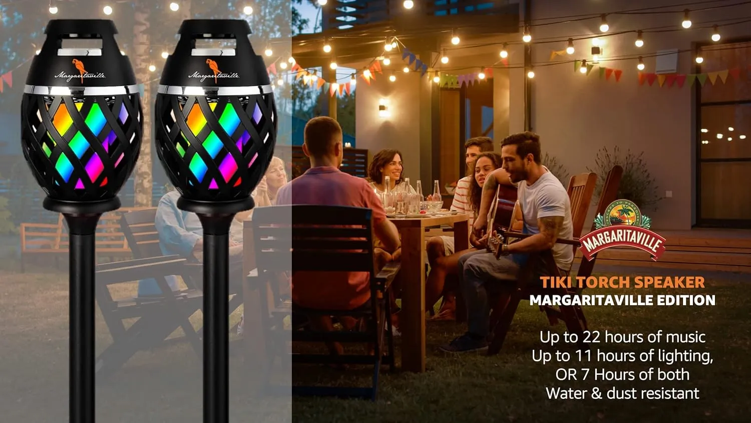 Margaritaville Tiki Torch - Waterproof Bluetooth Speaker, Portable Party Speaker with Multicolor LED Lights, Perfect for Travel, Parties, Yards, and Pools (2 Pack)