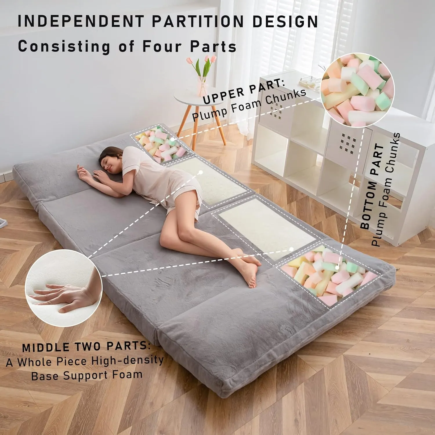 MAXYOYO Folding Sofa Bed with Faux Fur Washable Cover, Extra Thick Floor Mattress for Adults, Single Couch Bed for Bedroom Living Room, Grey, 30x95 Inch