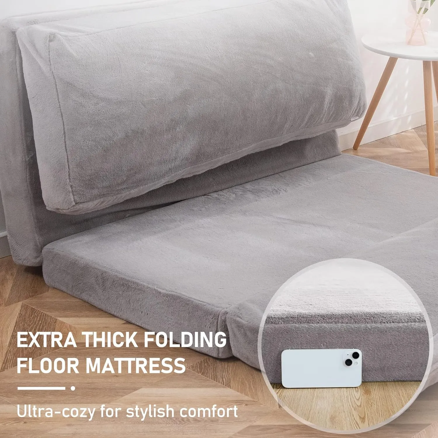 MAXYOYO Folding Sofa Bed with Faux Fur Washable Cover, Extra Thick Floor Mattress for Adults, Single Couch Bed for Bedroom Living Room, Grey, 30x95 Inch