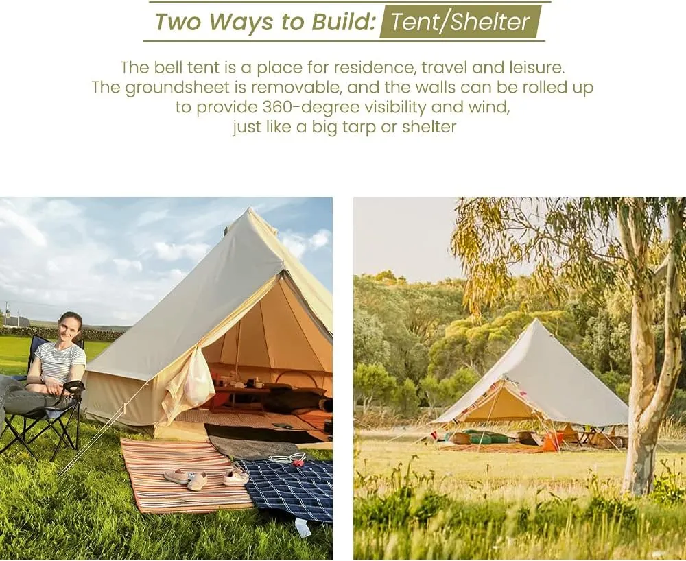 MC TOMOUNT Canvas Tent Bell Tent Yurt with Stove Jack Zipped Removable Floor for Glamping Truck Car Camping