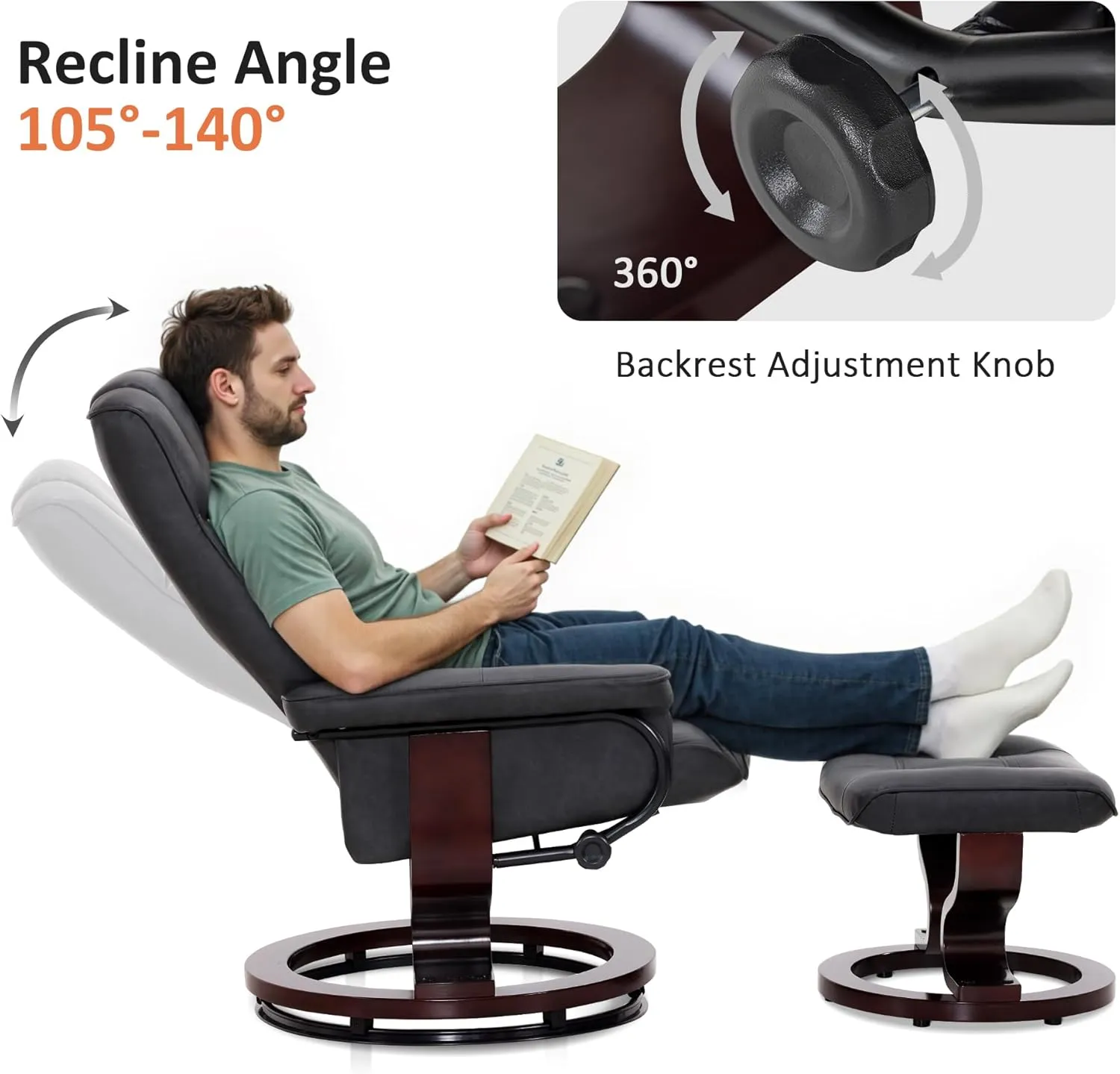 MCombo Manual Swivel Recliner with Ottoman, Chair Ottoman Set for RV Small Spaces, Living Room, Bedroom, Office 9019 4919 (Faux Leather, Dark Grey)